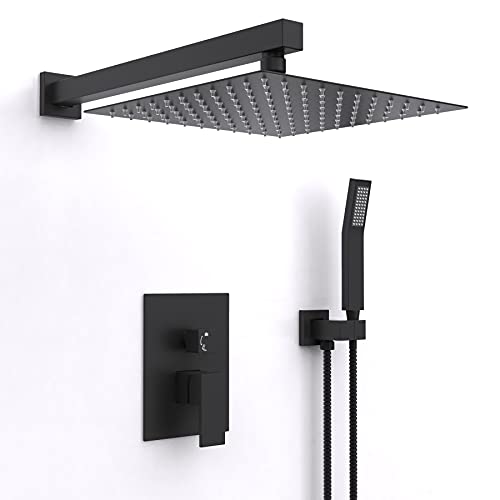 Crazy Deals 10 Inch Rain Shower System Matte Black Bathroom Shower Faucet Set Complete Bathtub Shower Combo Matte Black Luxury Shower Fixtures Pressure Balance Shower Valve and Trim Kit.