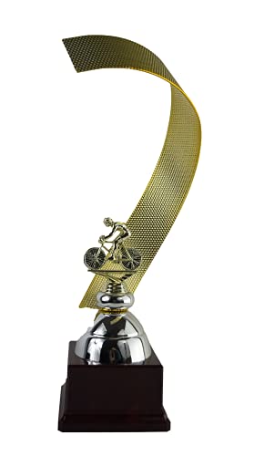 Rollio - Trophée de vélo en métal avec base en bois - Trophée en métal perforé avec sujet plastique - Dimensions : 13,5…