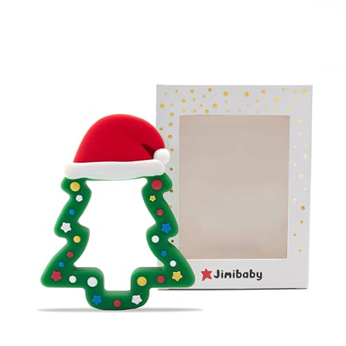 Image of Jimibaby Silicone Teether - Christmas Teething Toy for Baby Boys & Girls, Perfect Stocking Stuffer, Comes with Gift Package (Christmas Hat) (Green)