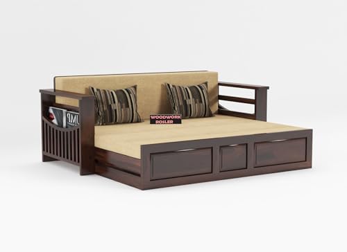 Image of Solid Sheesham Wooden Sofa Cums Bed with Mattresses for Living Room|Rosewood 3-Person Sofa Cums Bed for Bedroom Without Pillow (G-Walnut Finish)