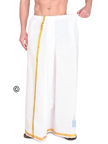 Image of Gowri Tex 100% Pure Cotton White Elastic Dhoti With Gold Border Dual Packet Pack Of 1 - Free Size