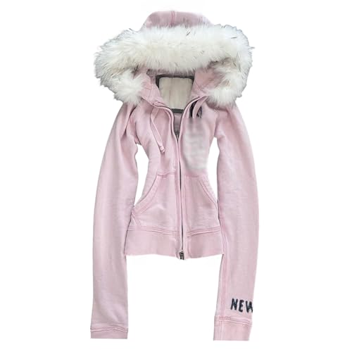 RICHTRUE Y2k Fur Zip Up Hoodie Women Teen Girls 2000s Preppy Clothes Grunge Vintage Sweatshirt Fall Winter Streetwear Jacket (Pink,Small)