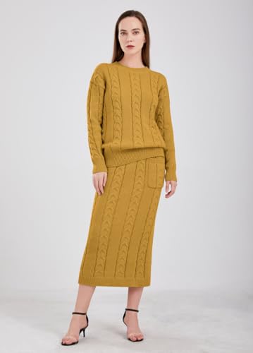 Image of chouyatou Women Winter Casual Chunky Cable Knit Long Pencil Skirt 2 Piece Outfit Oversized Pullover Sweater Sets