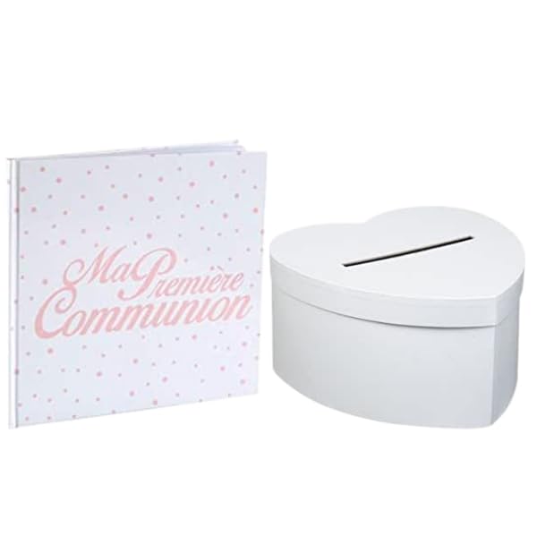 Pack Comprenant 1 Tirelire urne Forme Coeur avec 1 Livre d'or Communion Rose et Blanc Ma Première Communion