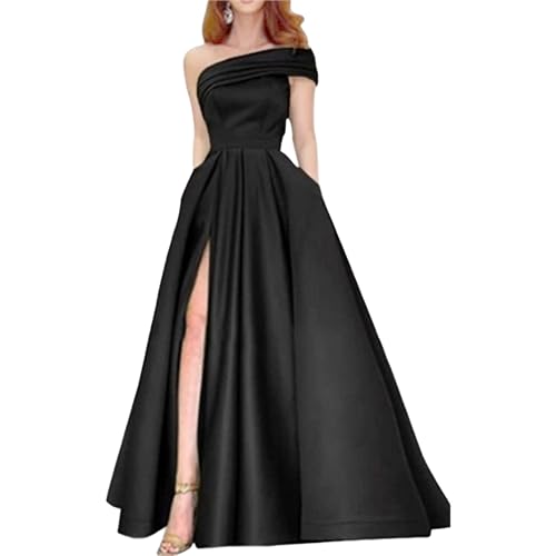 Robe longue élégante en satin noir asymétrique valorisant les courbes 3XL