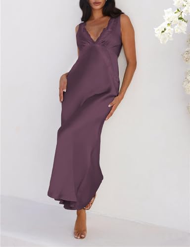 Image of BAGONE Summer Satin Lace V Neck Backless Formal Wedding Guest Maxi Dresses | Silk,Open Back,Sleeveless,Elegant,Cocktail,Bridesmaid,Baby Shower,Party,Prom,Birthday,Vacation,Summer Dresses for Women 2026