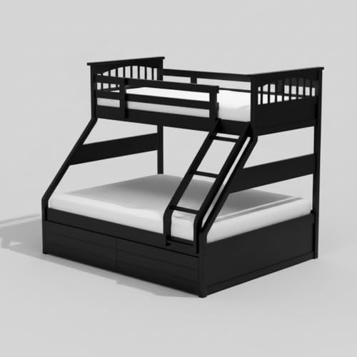 Image of APRODZ Haven Queen Size Solid Wood Bunk Bed with 2 Drawer Storage | Wooden Twin Over Bed with Ladder for Kids' Room Bedroom Living Room Home (Black Finish)