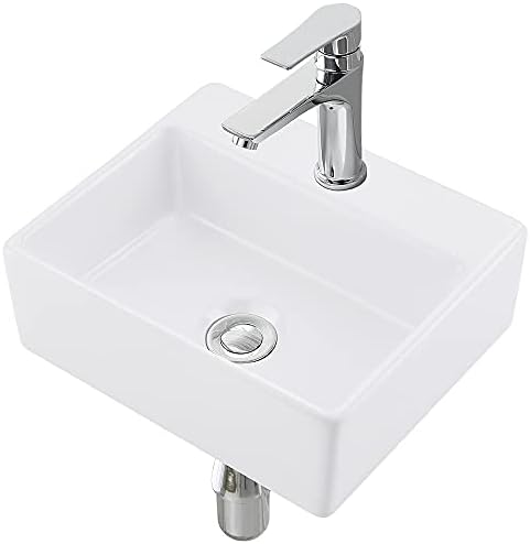 VASOYO Small Wall Mount Corner Bathroom Vessel Sink White Rectangle Porcelain Ceramic Above Counter Vessel Sink Single Faucet Hole Art Basin