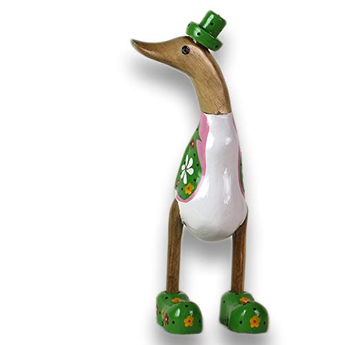 ART-CRAFT Holz Ente Lauf Ente Gartendeko Figur aus Bambus Wurzel und Teak Holz mit Blumen Motiv verziert in grün 25cm hoch