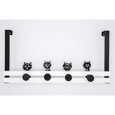 Creathome Over The Door Rail with 4 Peg Hooks, Lovely Cat Pattern, Black and White Style Cover