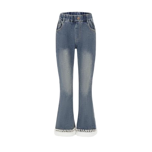 Girls Fleece-Lined Flare Jeans – Winter Denim Pants with Faux Pearl Trim and Soft Elastic Waist, Size 4-16 Blue