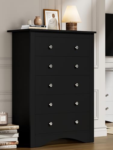 Flamaker Tall Dresser for Bedroom, 5 Drawer Dresser, Wood Dressers, Wide Chest of Drawer, Storage Drawers, Storage Organizer for Closet, Hallway (Black)