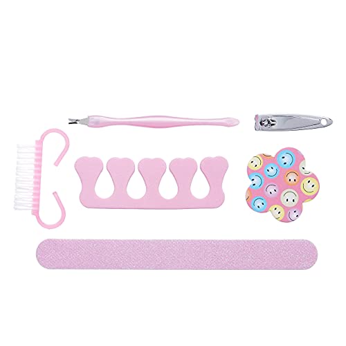 Amazon Brand - Solimo Manicure and Pedicure Kit with Brush, Nail Clipper, Two Nail Files, Toe Separator and Dead Skin Claw, Pink, Pack of 6