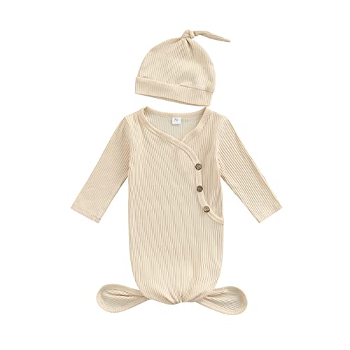 Image of Newborn Baby Boy Girl Knotted Gowns Long Sleeve Printed Sleeping Bag Coming Home Outfit Nightgown Pajamas Hat Set (O-Apricot, 0-3 Months)