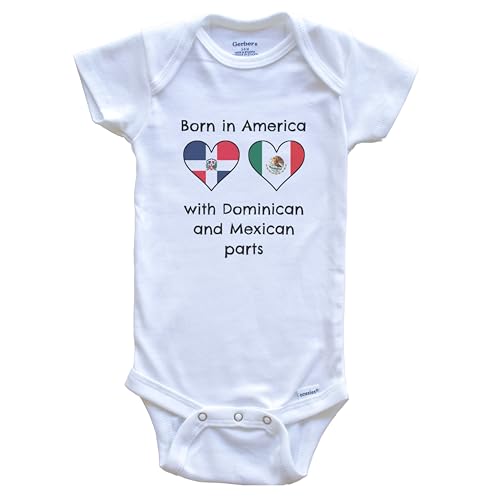 Image of Born in America with Dominican and Mexican Parts Funny Dominican Republic Mexico Flags One Piece Baby Bodysuit