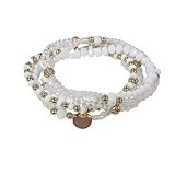 COLORFUL BLING 5Pcs Boho Stackable Beaded Bracelets for Women Multilayered Gold Round Pendant Charm Crystal Bracelets Handmade Bohemian Jewelry for Women Friend,White