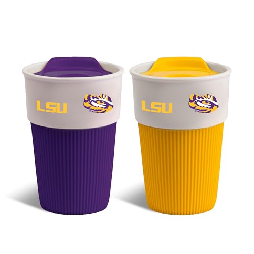The Memory Company Officially Licensed NCAA - Louisiana State University 2-Pack 10oz Ceramic Travel Mugs with Silicone Wrap
