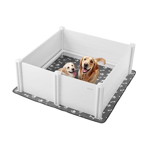 VEVOR Wurfkiste für Hunde, 122x122x46cm, Welpenlaufstall aus Kunststoff-PVC mit höhenverstellbarer Tür & waschbarer PIPI-Unterlage, verformungssicherer Welpenkiste für große Hunde, Milchweiß