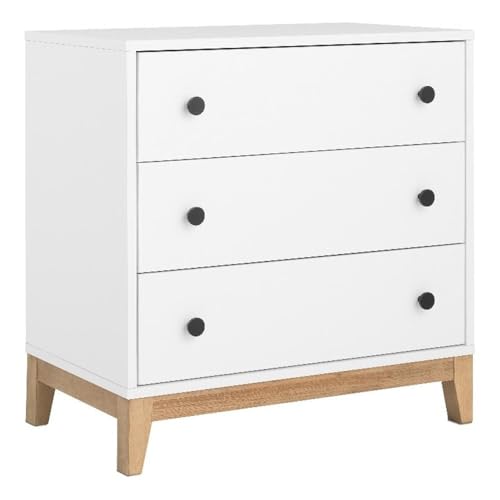 Image of Prepac Nordik Nightstand Bedside Table, White & Oak Nightstand for Bedroom, End Table with 3 Drawers 16 inch D x 26.5 inch W x 26.75 inch H, WODNR-2203-1