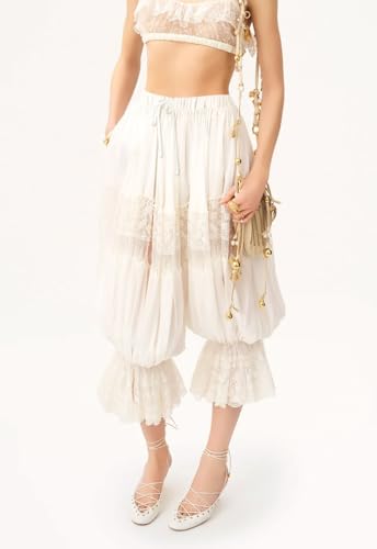 Image of UAURORAO Women Lace Trim Bloomer Pants Flowy Culottes Pantaloons Bloomers