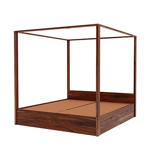 Image of WOODLAB Furniture Sheesham Wood King Size Poster Bed with 4 Side Pullout Drawer Storage | Wooden Double Size Cot Palang for Bedroom Living Room Home and Hotel (Honey Finish)