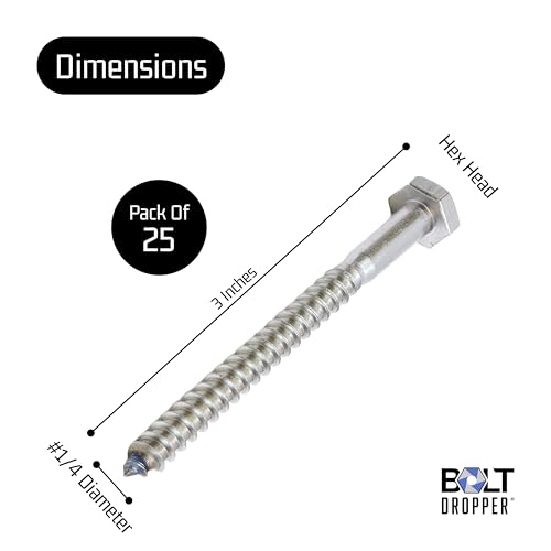 Image of Bolt Dropper 1 /4 inch x 3 inch Hex Head Lag, (25 Pack), 304 (18-8) Stainless Steel Coach Bolts /Large Screws for Wood with Plain Finish