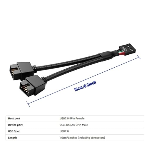Image of 2PCS Motherboard USB Header Splitter - USB 2.0 to Dual 9 Pin Extension Cable, Internal USB Splitter for PC Internal Computer Motherboard (Black-6.3inch)