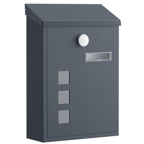 SONGMICS Post Box, Wall Mounted Letterbox, Mailbox with Sloped Roof, Copper Lock Cylinder, Swivel Cap, Viewing Windows, Nameplate, Easy to Install, 9 x 21.8 x 31.8 cm, Grey GMB032GZ01