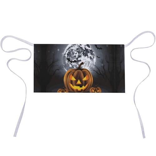 KLWQR Halloween Moon Bat Pumpkin Server Aprons Waterproof Adjustable Waiters Apron Half Apron With 3 Pockets Kitchen Restaurant Short Apron for Women Men
