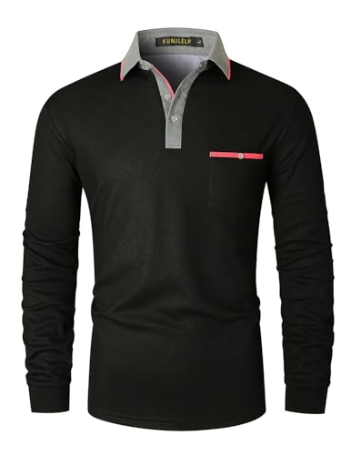 KUNJLELP Élégante Polo Homme Manches Longues Encolure Colorée Chemise Slim Polo de Travail Golf...