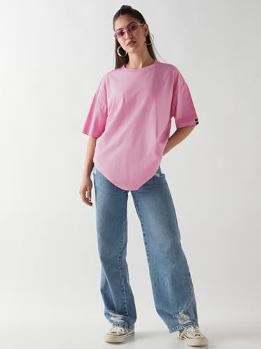 Image of Bewakoof Women's Solid Oversized Fit Half Sleeve Round Neck Cotton Jersey T-Shirt