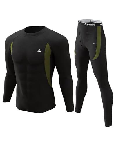 CL convallaria Base Layer Men Cold Weather with Fly Thermal Underwear Set Winter Hunting Gear Sport Long Johns Top and Bottom Midweight Crew Neck Black 2XL