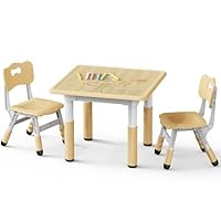 Brelley Kids Table and 2 Chairs Set, Height Adjustable Toddler Desk and Chair Set, Graffiti Desktop, Classroom/Daycare/Home, Children Multi-Activity Table for Ages 2-8