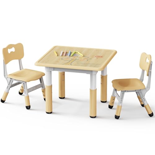 Brelley Kids Table and 2 Chairs Set, Height Adjustable Toddler Desk and Chair Set, Graffiti Desktop, Classroom/Daycare/Home, Children Multi-Activity Table for Ages 2-8