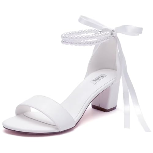 Image of Pearl Wedding Shoes Open Toe Block Heel Wedding Sandals Chunky Heel Bridal Shoes