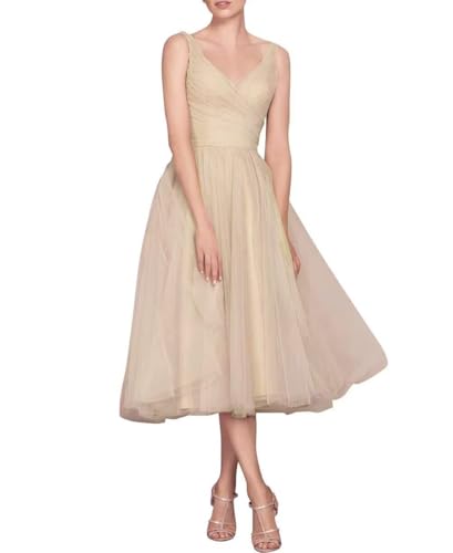 Tea Length A-Line V Neck Formal Evening Party Gowns for Women Sleeveless Puffy Midi Tulle Cocktail Prom Dress4