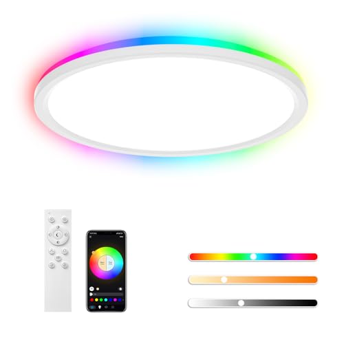 Rawhui Plafon Led Techo Regulable,24W RGBIC 3000K-6500K Lampara Techo con Mando,IP44 2400LM Plafones para Techo LED,Compatible Alexa/Google Assistant/Tuya,para Dormitorio Cocina Salon Ø29cm