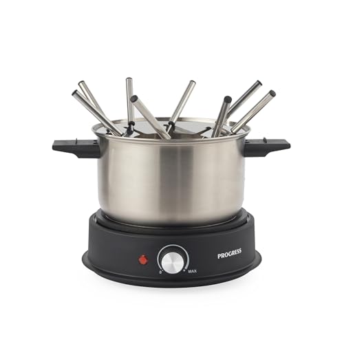 Progress Electric Fondue Maker – Includes 8 Stainless Steel Forks and Removable 20cm Pot, Savoury or Sweet, 1.5 Litre Capacity, Adjustable Temperature Control, Power Indicator Lights, 1500W
