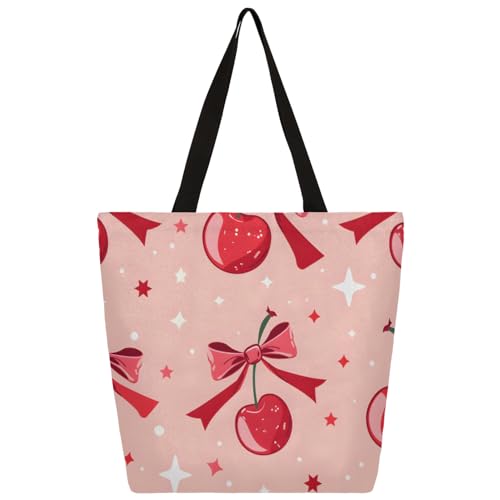 Mularoka Stars Cherries Large Capacity Canvas Tote Bag Stylish Handheld Shoulder Bag Reusable Shopping Bag for Work Travel Beach Trips Shopping
