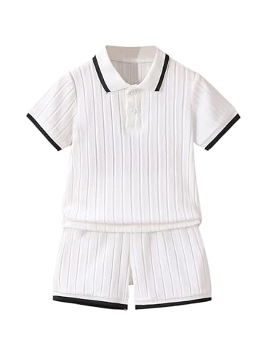 Image of RoseSeek Boy's 2 Piece Summer Outfits Ribbed Knit Color Block Short Sleeve Golf Shirt and Track Shorts Sets White 5Y