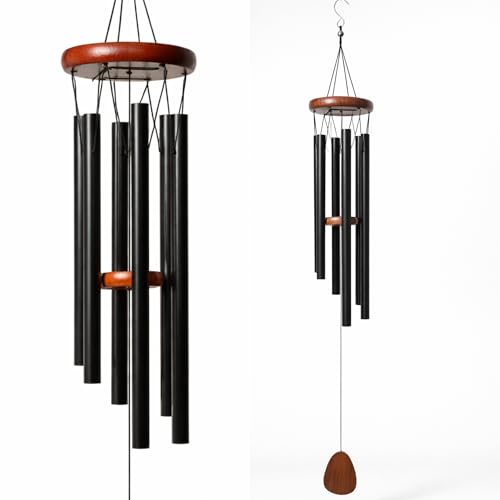 Image of Black Metal Wind Chime with Wooden Finish | Soothing Sound Hanging Wind Chimes for Home, Balcony, Garden & Patio