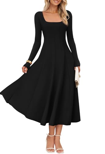 MEROKEETY Women's Fall Dresses 2025 Long Sleeve Square Neck Elegant Classy Winter Cocktail Wedding Guest Midi Dress
