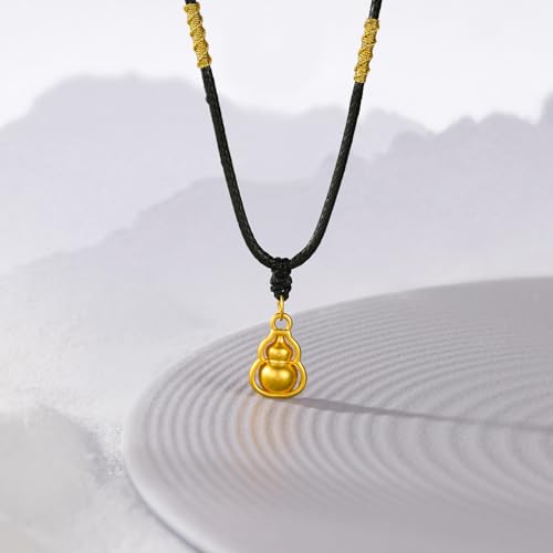 24K Solid Gold Gourd Pendant Necklace Feng Shui Lucky Jewelry Black Braided Necklace for Women Mom Birthday New Year Gifts 65-75cm A04143634