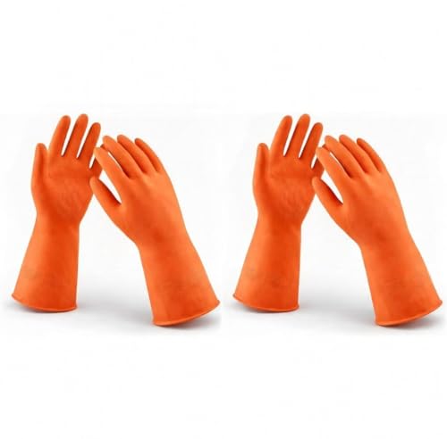 Image of LADWA Premium Rubber Cleaning Gloves, Orange Color Reusable Waterproof Gloves for Kitchen Cleaning, Dishwashing, Gardening and Bathroom Use (Pack of 2 Pairs)