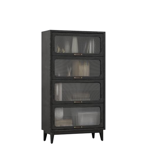 Image of 60 inchH Solid Wood Bookcase 4 Tire with Glass Doors,Wooden Pantry Cabinet for Kitchen,Freestanding Book case Shelves for Collectibles, Living Room Bedroom Home Office (black, 60'H*31.5'W*15'D)