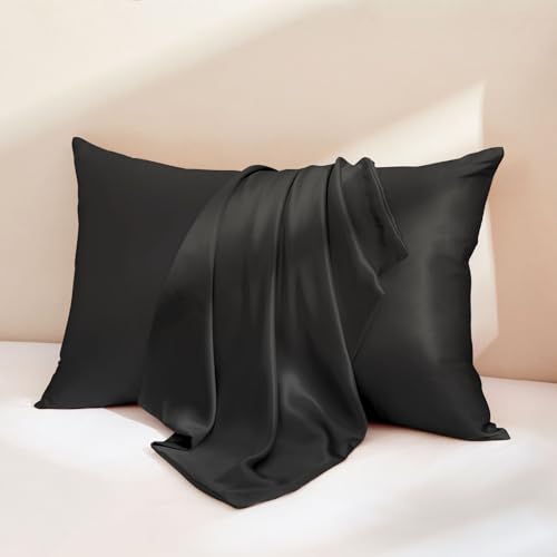 Image of THXSILK 100% Mulberry Silk Pillow Case, 30 Momme Silk Pillowcase for Hair and Skin, Hypoallergenic Soft Breathable Pillow Cover with Hidden Zipper, 1pc(Black, Standard 20 inchx26 inch)