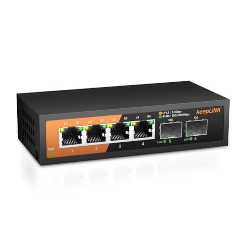 keepLiNK 6-Port 2.5G Switch Unmanaged, 4 x 2.5GBASE-T Ports & 2 x 10GBASE-T SFP Slots, 60Gbps Switching Capacity, Plug & Play/Wall Mountable/Fanless Metal, Compatible with 1000Mbps Devices