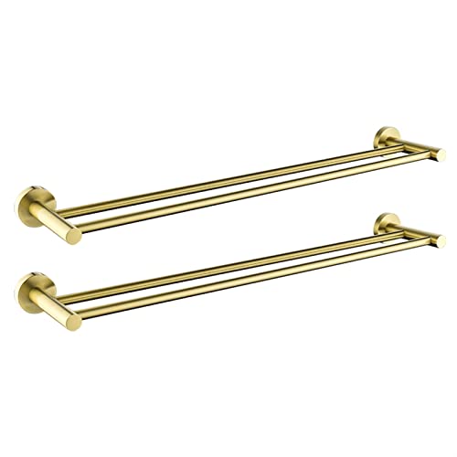 Moderno juego de toallero de doble barra de acero inoxidable dorado cepillado montado en la pared para baño, elegante y duradero, toallero y estante con colgador de inodoro, paquete de 2