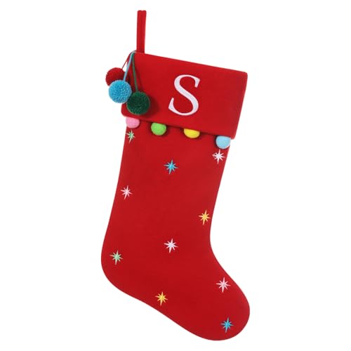 SIRIPHUM 19.5 Inches Initial Monogram Red Christmas Stocking Personalized, Embroidered Letter Fleece Christmas Stocking with pom poms Decoration for Family Christmas Holiday Party Decor-S