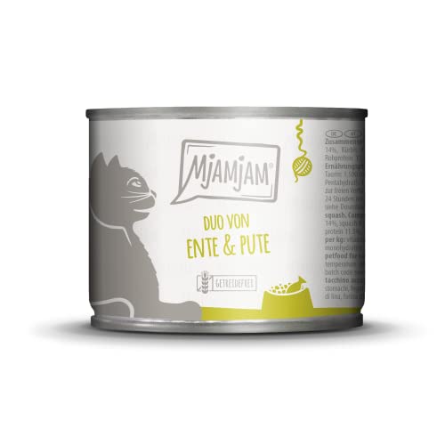 MjAMjAM - Premium Nassfutter für Katzen - DUO von zarter Ente & guter Pute an gedämpftem Kürbis, 6er Pack (6 x 200 g), getreidefrei mit extra viel Fleisch